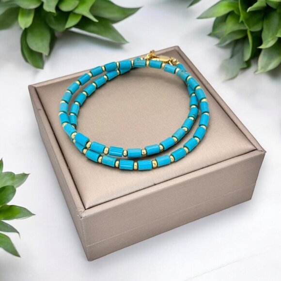 NWT Boho Beaded Choker Necklace Turquoise & 18K Gold Plated Beads 16” Western - Picture 5 of 11